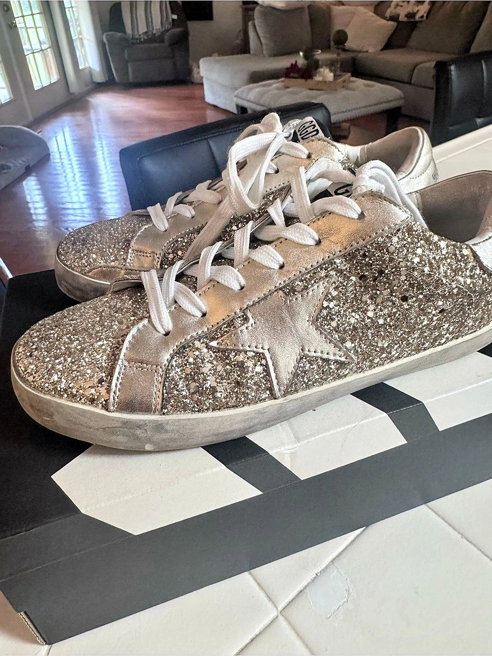 Star Sneaker in Gold Glitter with Silver Leather Star Gold